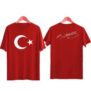 Türk Bayrağı Baskılı Atatürk Imzalı Tişört Ayyıldızlı T-Shirt