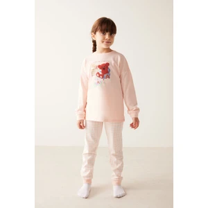 Açık Pembe Kız Çocuk Ayıcık Desenli Family Pijama Takımı