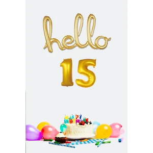 15 Yaş Doğum Günü Balonları - Hello 15 El Yazısı Gold Renk Folyo Balon