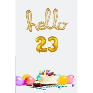 23 Yaş Doğum Günü Balonları - Hello 23 El Yazısı Gold Renk Folyo Balon