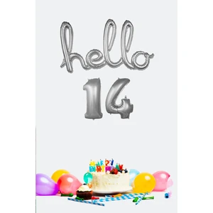 14 Yaş Doğum Günü Balonları - Hello 14 El Yazısı Gümüş Renk Folyo Balon