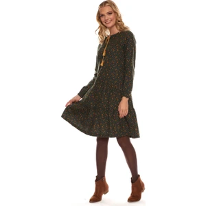 Haki Uzun Kol Pazen  Püskül Yaka Kısa Elbise