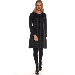 Siyah Uzun Kol Pazen Kare Desen Elbise