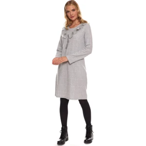 Gri Uzun Kol Pazen Kare Desen Elbise