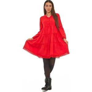 Pazen Kırmızı Düz Desen Kısa Elbise