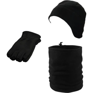 Axe Sportswear Unisex Siyah Kışlık Parmaksız Polar Eldiven & Kulaklıklı Polar Bere & Ipli Polar Boyunluk 3lü Set