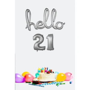 21 Yaş Doğum Günü Balonları - Hello 21 El Yazısı Gümüş Renk Folyo Balon