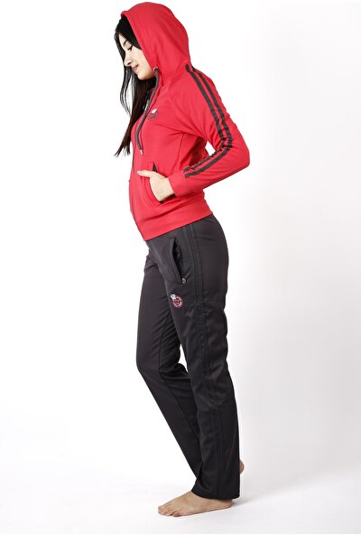 Azıcık Akıllı Kadın Kırmızı Iki Şeritli Biyeli Fermuarlı Kapüşonlu Spor Eşofman Takımı 21KESTAX11