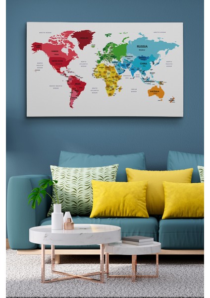 Dünya Haritası Dekoratif Kanvas Tablo Ülke ve Başkentli 1553