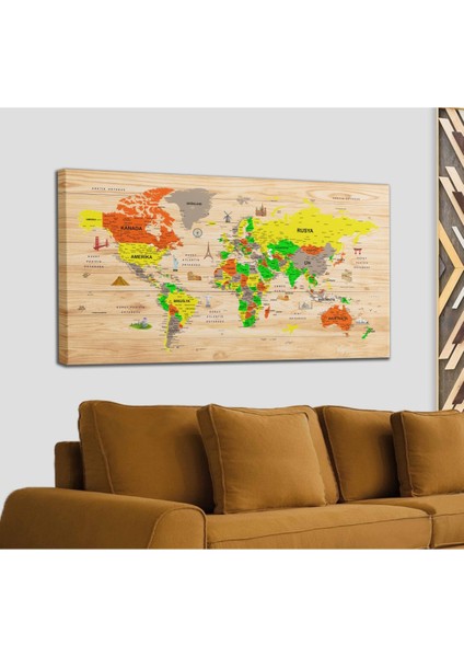 Ahşap Görünümlü Türkçe Dünya Haritası Sembollü Eğitici ve Öğretici Dekoratif Kanvas Tablo 2893