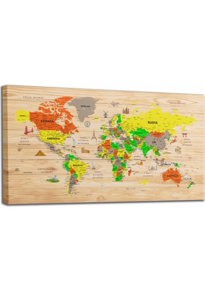 Ahşap Görünümlü Türkçe Dünya Haritası Sembollü Eğitici ve Öğretici Dekoratif Kanvas Tablo 2893 fiyatları