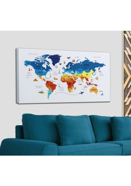 Türkçe Dünya Haritası Kanvas Tablo Ülke Başkentli ve Ünlü Yerler Sembollü Dekoratif 2640