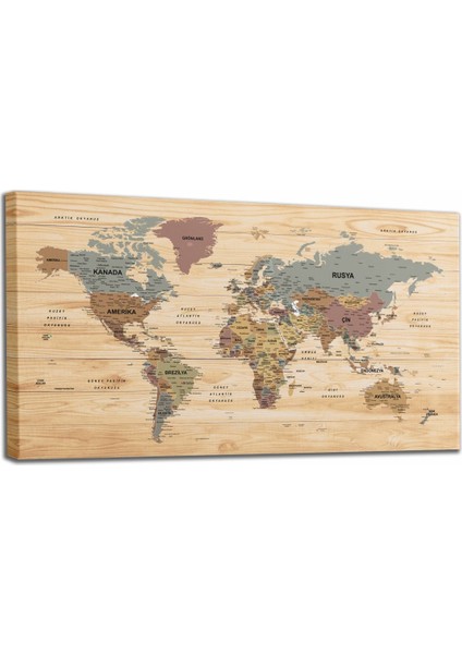 Ahşap Görünümlü Türkçe Dünya Haritası Son Derece Ayrıntılı Eğitici ve Dekoratif Kanvas Tablo 2991