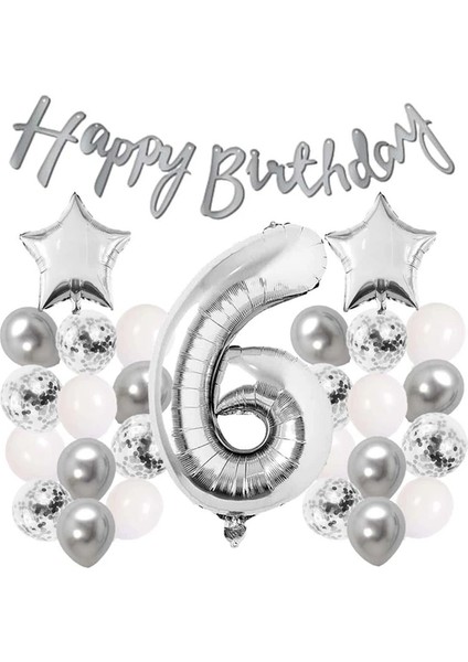 Gümüş Konsept 6 Yaş Doğum Günü Kutlama Seti Beyaz Gümüş Konfetili Balon Rakam Yıldız Folyo ve Banner