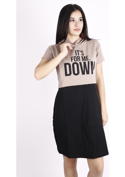 Kadın Kahve Kısa Kollu Diz Üstü Elbise Pamuk Uzun Tunik 22KTNKTONO