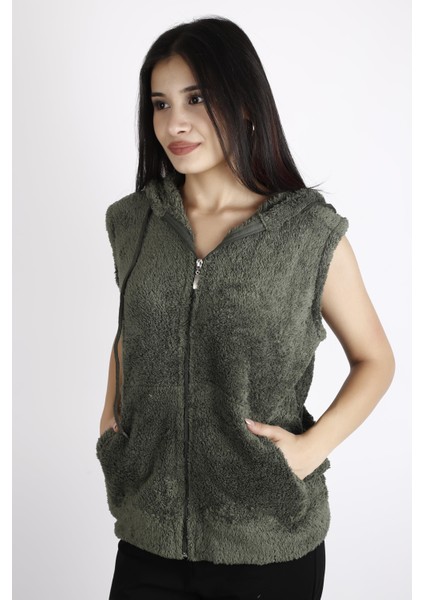 Kadın Haki Peluş Yumoş Fermuarlı Kapüşonlu Yelek 22KYLKPELO