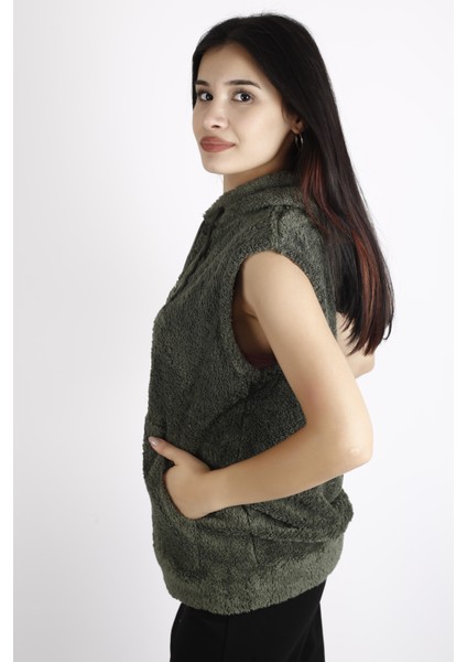 Kadın Haki Peluş Yumoş Fermuarlı Kapüşonlu Yelek 22KYLKPELO fırsatları