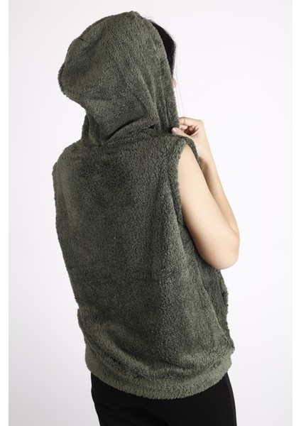 Kadın Haki Peluş Yumoş Fermuarlı Kapüşonlu Yelek 22KYLKPELO indirimleri