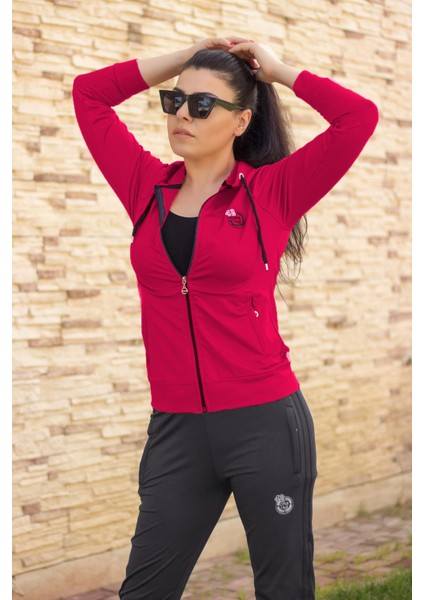 Fuşya Füme Iki Şeritli Biyeli Fermuarlı Kapüşonlu Spor Eşofman Takımı 21KESTAX11 modelleri