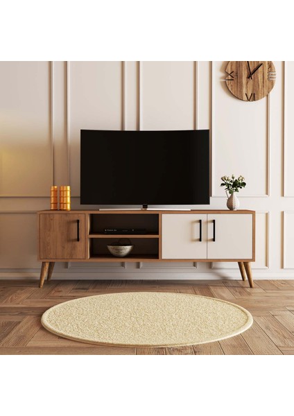 1584 Exxen 150 cm Ahşap Ayaklı Tv Ünitesi Sepet-Beyaz