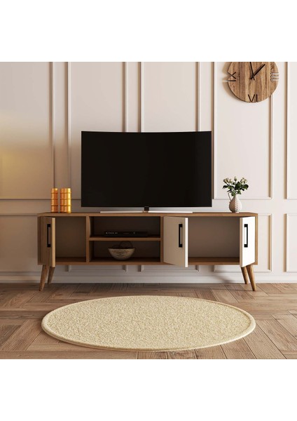 1584 Exxen 150 cm Ahşap Ayaklı Tv Ünitesi Sepet-Beyaz