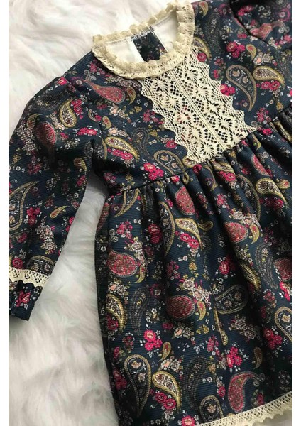 Dantel Detaylı Şal Desenli Koyu Mavi Çok Renkli Kız Çocuk Bebek Tasarım Elbise