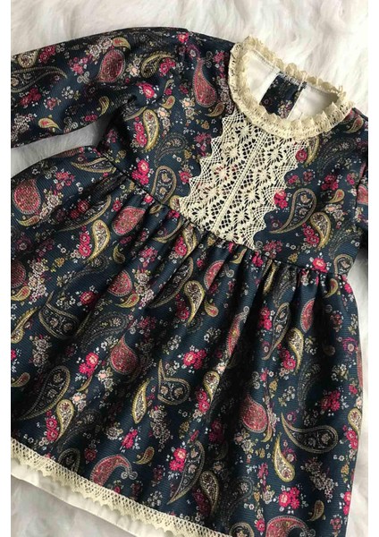 Dantel Detaylı Şal Desenli Koyu Mavi Çok Renkli Kız Çocuk Bebek Tasarım Elbise fiyatları
