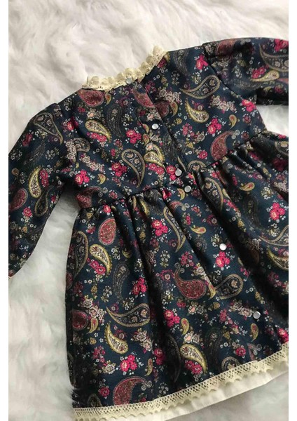 Dantel Detaylı Şal Desenli Koyu Mavi Çok Renkli Kız Çocuk Bebek Tasarım Elbise modelleri