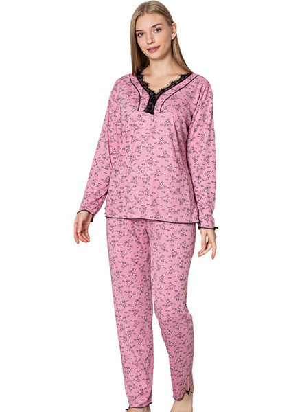 Bayan 4057 Çiçek Desenli Uzunkol Viskon Pijama Takımı