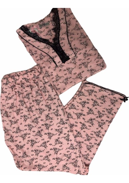 Bayan 4057 Çiçek Desenli Uzunkol Viskon Pijama Takımı
