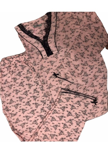 Bayan 4057 Çiçek Desenli Uzunkol Viskon Pijama Takımı