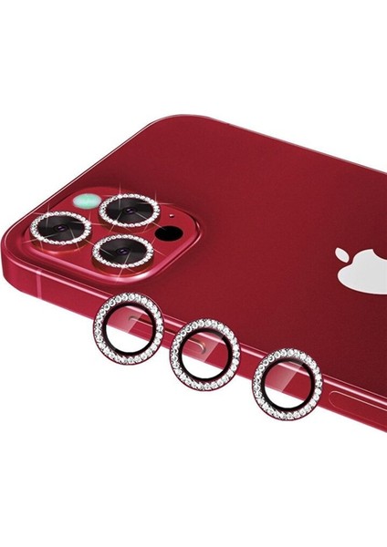 Iphone 13 Pro /13 Pro Max Uyumlu Swarovski Taşlı 3D Kamera Lens Koruyucu Kırmızı [3'lü Set]