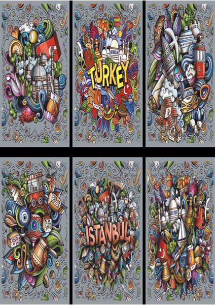 Istanbul Türkiye El Çizimi 6lı Mini Retro Ahşap Poster Seti Uv Baskılı