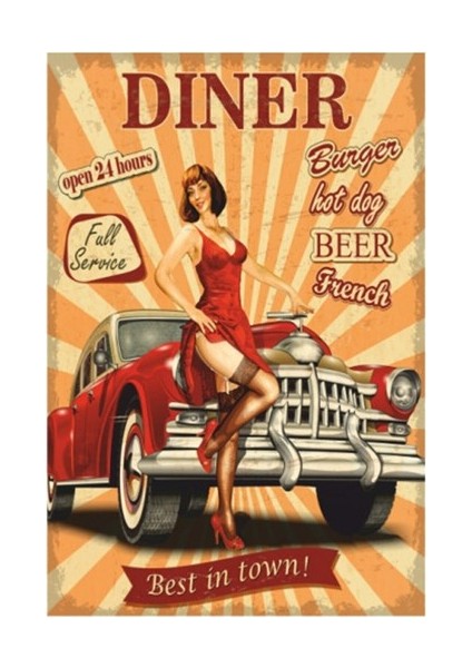 Pin Up Kızı Klasik Araba Retro Vintage Ahşap Poster
