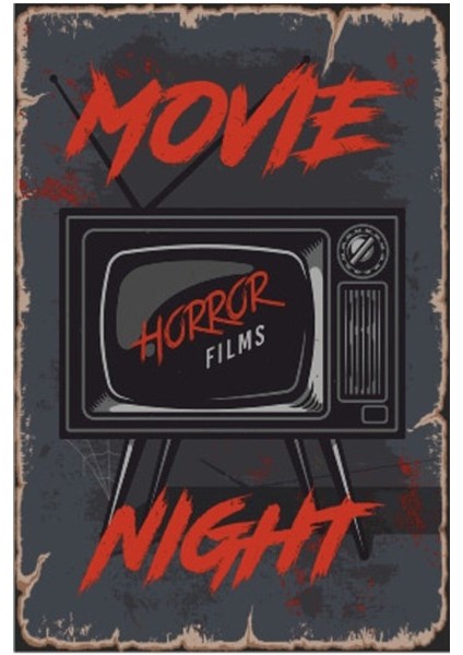 Korku Filmi Geceleri Retro Ahşap Poster