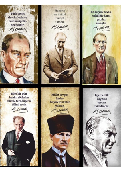 Mustafa Kemal Atatürk 6lı Mini Retro Ahşap Poster Seti Uv Baskılı-2