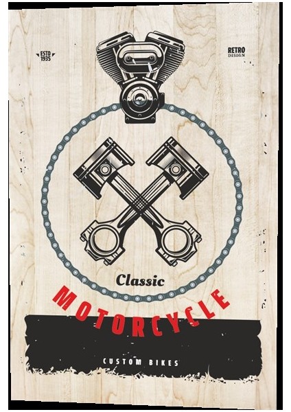 Klasik Motor Ahşap Desenli Retro Vintage Ahşap Poster