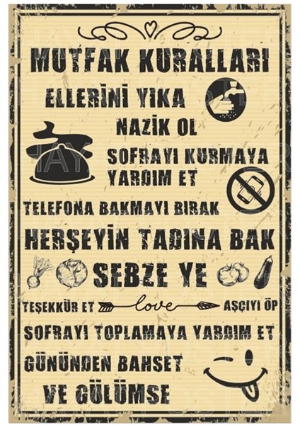 Mutfak Kuralları Tablosu Retro Vintage Ahşap Poster