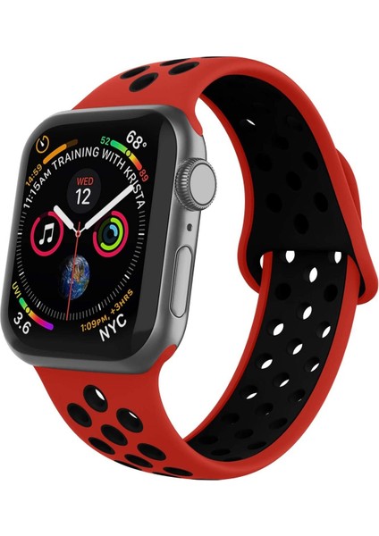 Apple Watch Uyumlu Silikon Delikli Kordon 1 | 2 | 3 | 4 | 5 - 38MM/40MM - Kırmızı Siyah