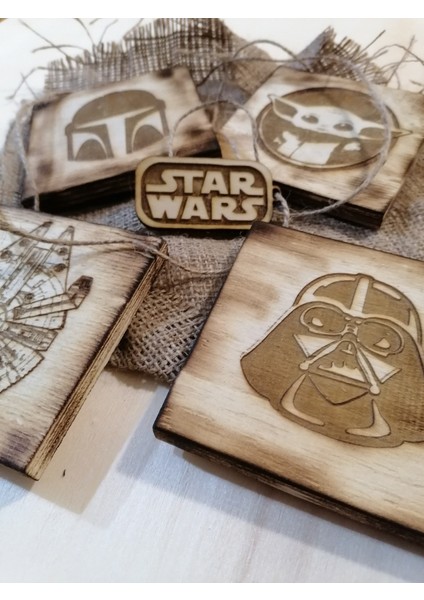 Lime Art Shop Hediyelik 4'lü Rustik Star Wars Bardak Altlık Grogu Darth Wader Mandolorian Milenium Falcon