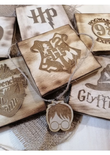 Lime Art Shop Hediyelik 4'lü Rustik Harry Potter Bardak Altlık El Yapımı Özel Jüt Paketinde