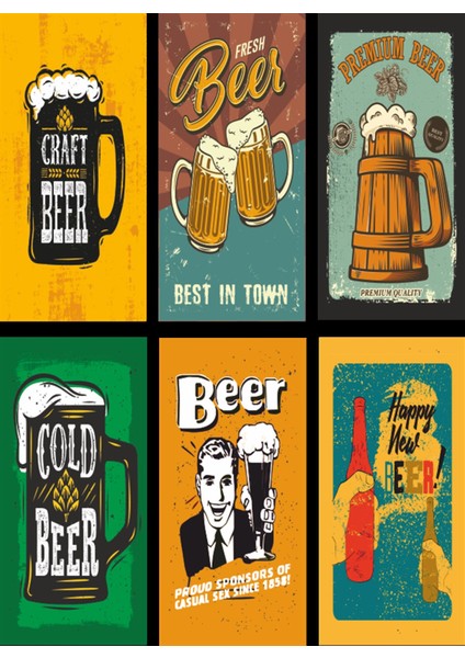 Vintage Bira 6lı Mini Retro Ahşap Poster Seti Uv Baskılı
