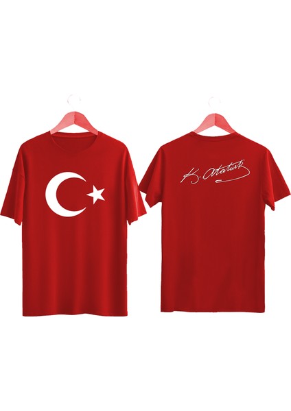 Türk Bayrağı Baskılı Atatürk Imzalı Tişört Ayyıldızlı T-Shirt