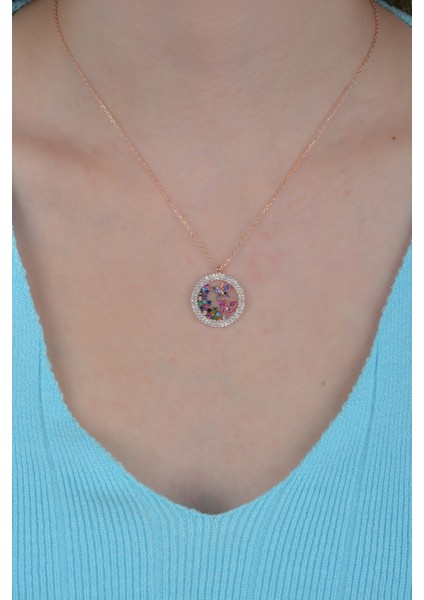 Kadın 925 Ayar Daire Uçuşan Kelebekler Gümüş Kolye