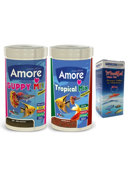 Guppy Mix Granules 250ML + Tropical Mix Selection 250ML Akvaryum Balık Yemi ve Fishvit Vitamin