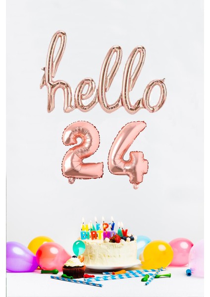 24 Yaş Doğum Günü Balonları - Hello 24 El Yazısı Rose Gold Renk Folyo Balon
