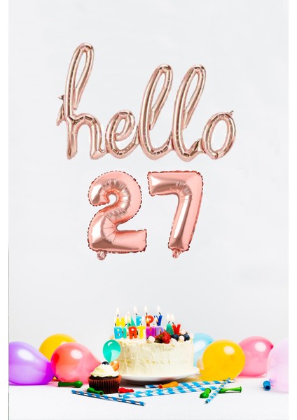 27 Yaş Doğum Günü Balonları - Hello 27 El Yazısı Rose Gold Renk Folyo Balon