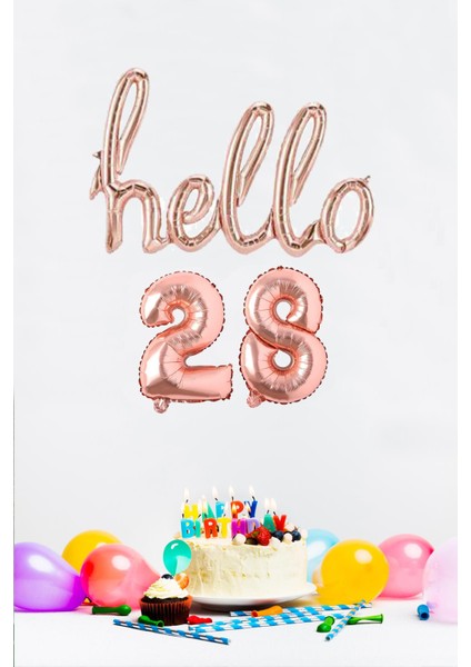 28 Yaş Doğum Günü Balonları - Hello 28 El Yazısı Rose Gold Renk Folyo Balon