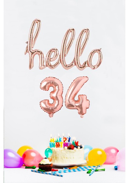 34 Yaş Doğum Günü Balonları - Hello 34 El Yazısı Rose Gold Renk Folyo Balon
