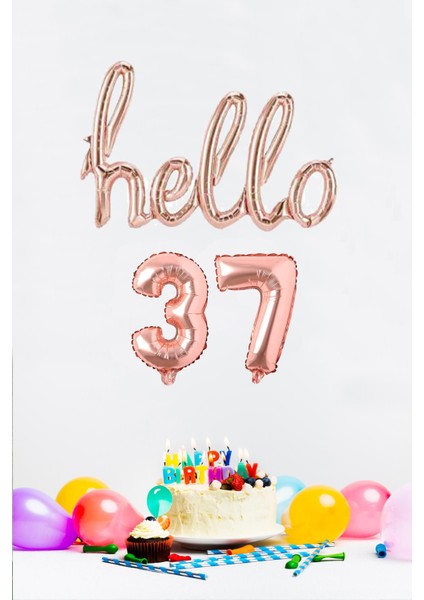37 Yaş Doğum Günü Balonları - Hello 37 El Yazısı Rose Gold Renk Folyo Balon